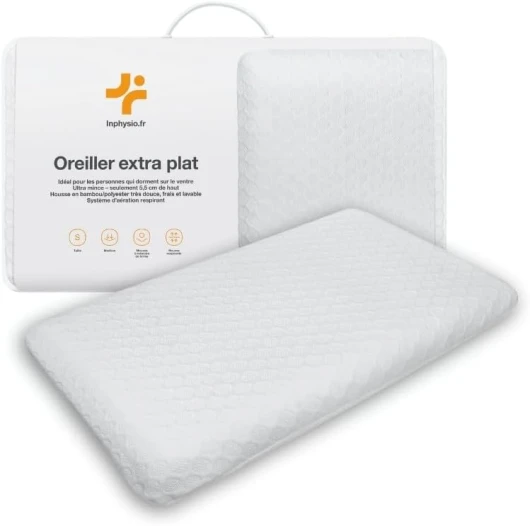® Oreiller Extra Plat - Oreiller Mémoire de Forme Hypoallergénique - Oreiller Ergonomique - Sommeil Réparateur - Dormir sur Le Ventre, Le Dos - Anti Douleur - 50 x 30 x 5,5 cm Lait