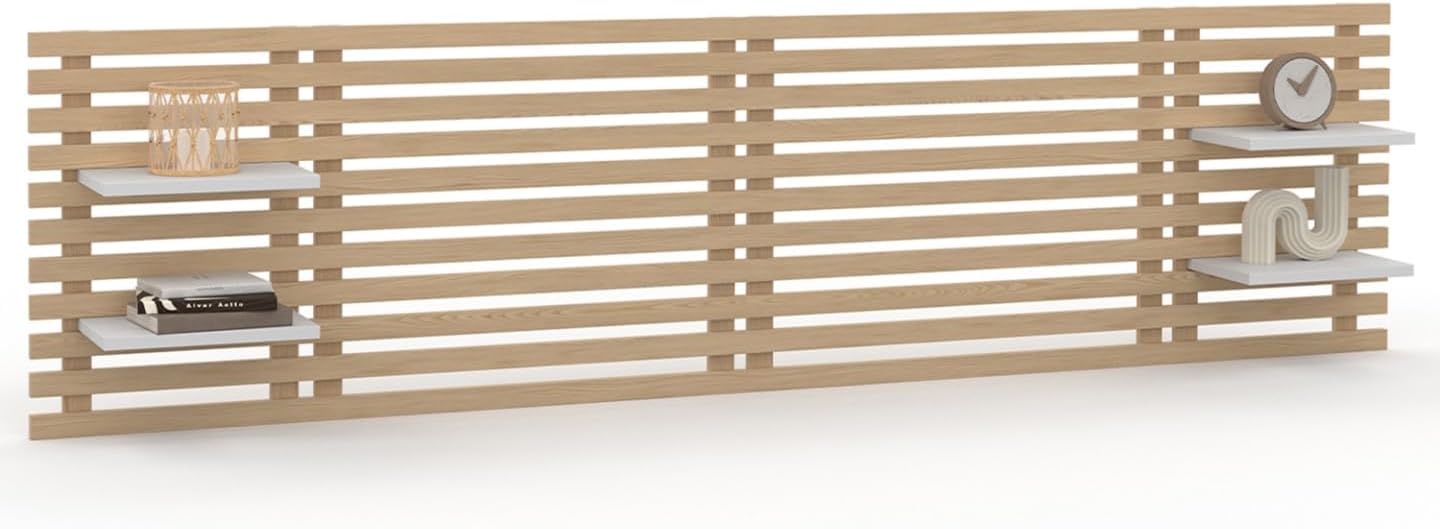 Tête de lit Suspendue en Lattes AVA 240 cm Bois Clair et étagères Blanches