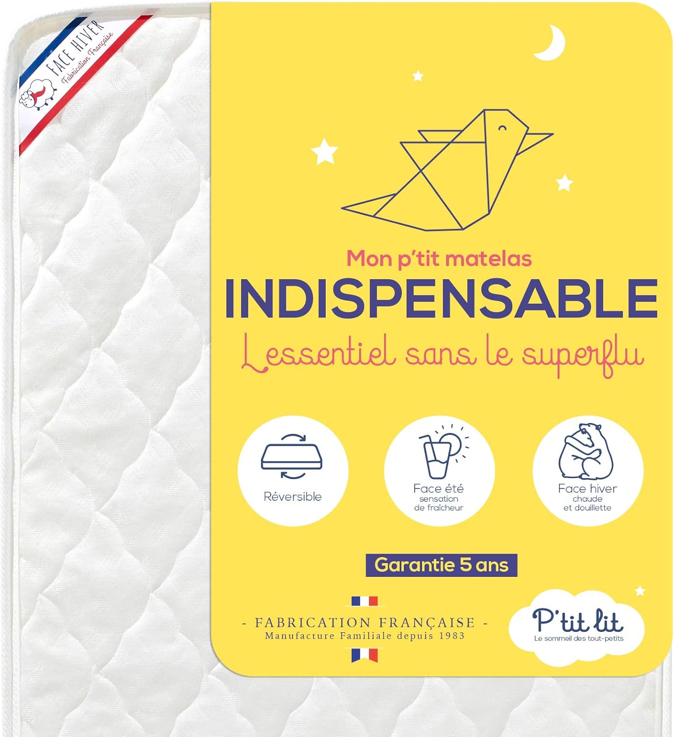 P'tit Lit - Matelas Enfant/Bébé Indispensable - 70x140 cm - Climatisé : 1 face Été / 1 face Hiver - Oeko Tex® - Fabrication Française 70x140 cm (Lot de 1) Unique