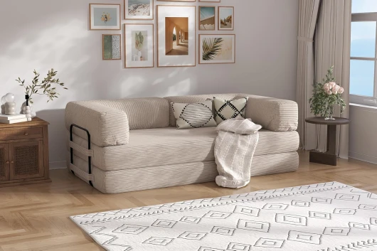 Canapé-lit Convertible Moderne, 200 x 90 x 34 cm, Beige Canapé-Lit Convertible Modulaire, Housse Lavable en Velours Côtelé Beige, avec Coussins Décoratifs