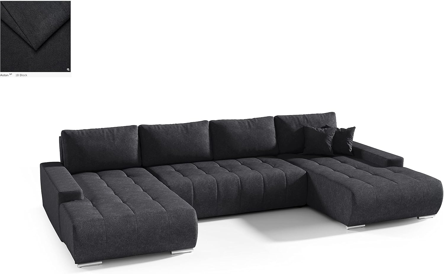 BELUTI - Canapé d'angle panoramique en U Convertible - Tissu Design - Lit + Coffre de Rangement (Black) Noir