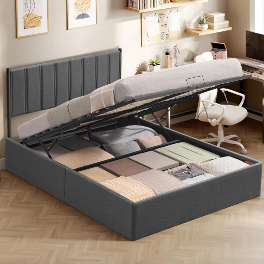 Lit Coffre 140 x 190 cm, Cadre de Lit, 2 Personnes, Sommier Relevable, avec Rangement, Système Hydraulique, Moderne et Minimaliste, Montage Facile, Gris Foncé RMB613G02 140l x 190L cm