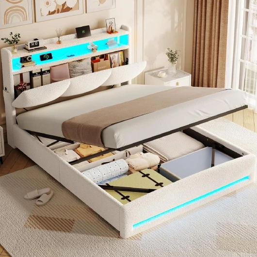Lit Coffre 140×200 avec LED et Ports USB,Tête de Lit capitonné avec Étagères Ouvertes et Rangement Caché, Lit 2 personnes avec Hydraulique, Sommier à Lattes, Velours Teddy,Beige(sans Matelas)