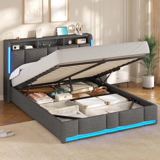 Lit Coffre 160x200 CM, Lit Double avec LED et Ports USB, Cadre de lit avec Tête de Lit capitonné et Rangement, Lattes en Bois, Lin Gris Foncé(sans Matelas) 160x200 cm Gris Foncé