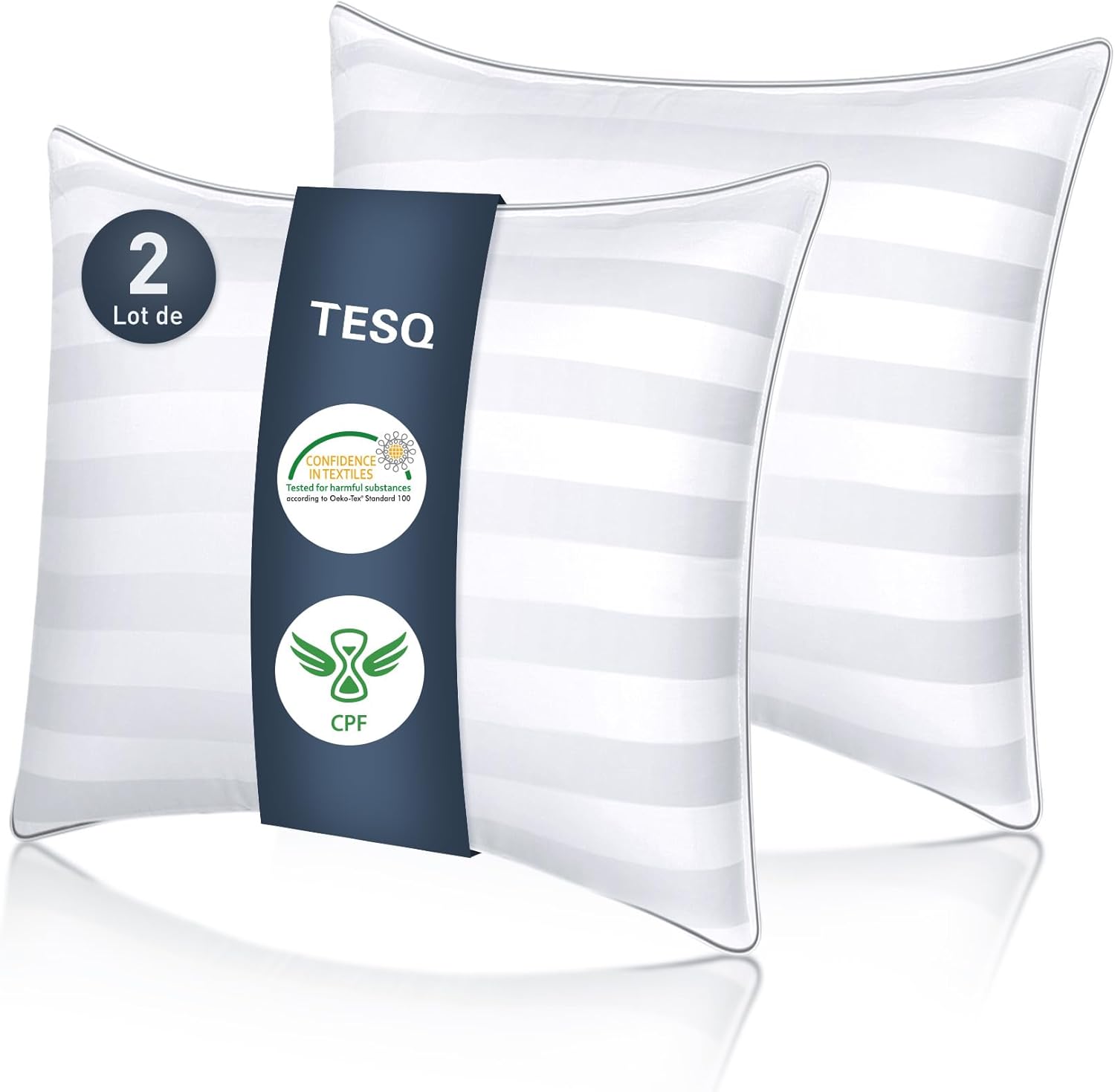 TESQ Oreiller 60x60 cm avec 900g de Remplissage, Lot de 2 Oreillers Confortables et Respirants, Idéal pour Dormeurs sur Le Côté, Le Dos et Le Ventre, Qualité Hôtelière, Lavable