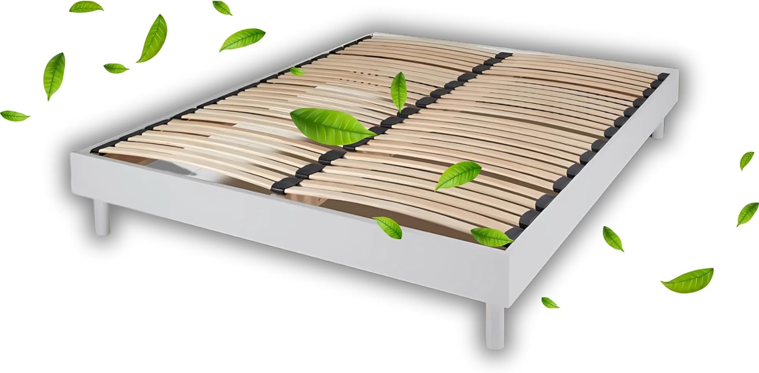 Sommier Selena 160x200 cm Blanc, à Latte, 2 Personnes, Technologie Bi-Lattes avec 4 Zones de Confort, Structure Bois Massif Solide avec Pieds Inclus, Lit Ergonomique, Montage Facile