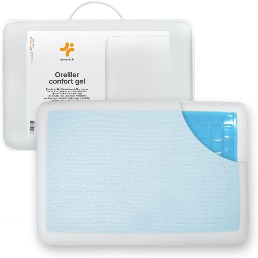 Oreiller Ergonomique en Mousse à Mémoire de Forme avec Gel Rafraîchissant - Coussin Rectangulaire - Oreiller Orthopédique - Taie Double Face - 60x40x13 cm - Blanc Blanc - Confort Gel