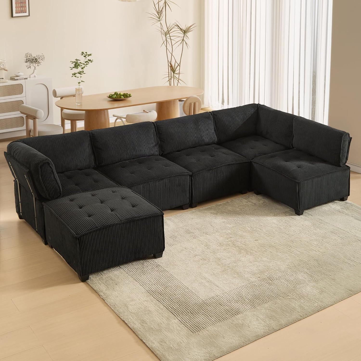 Seyakany Canapé d'angle Ergonomique modulable 6 Places de 308 cm,Moderne Canapé avec Poches de Rangement,Convertible en U ou en L,Tissu Velours côtelé,308x154x82cm,pour Salon ou Appartement,Noir