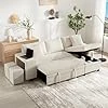 Canapé d'angle convertible pliant,avec port de charge USB et coussins,canapé convertible 3 places tissu avec fonction couchage, canapé lit 3 places avec étagères latérales et espace de rangement Beige Velours Côtelé - 3 Places
