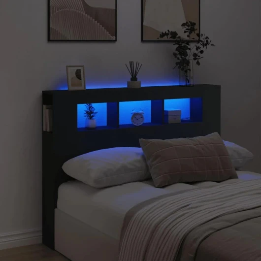 Tête de Lit à LED, Tête de Cadre de Lit, Accessoire de Lit Double, Meuble de Chambre à Coucher Maison Intérieur, Noir 140x18,5x103,5 cm Bois d'Ingénierie 140 x 103.5 cm Noir