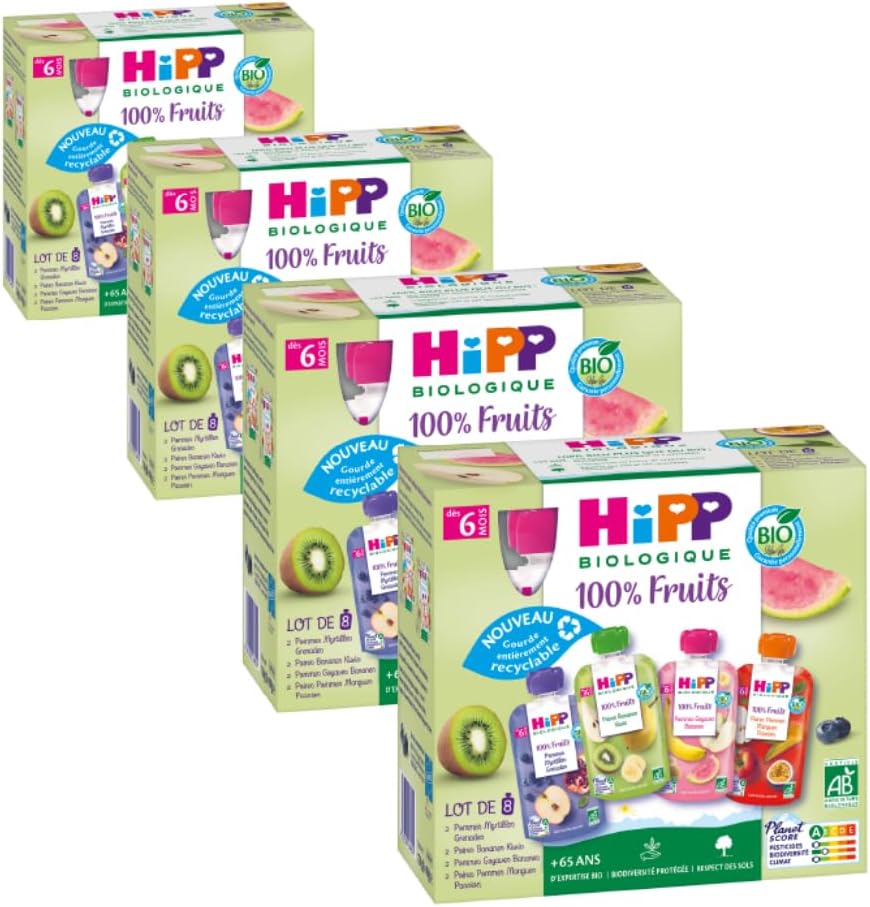 100% Fruits - 4 variétés dès 6 Mois - Gourdes - 8x90g - Lot de 4 Poires Pommes Mangues Passion, Pommes Goyaves Bananes, Poires Bananes Kiwis, Pommes Myrtilles Grenades