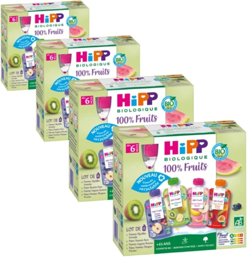 HiPP - 100% Fruits - 4 variétés dès 6 Mois - Gourdes - 8x90g - Lot de 4 Poires Pommes Mangues Passion, Pommes Goyaves Bananes, Poires Bananes Kiwis, Pommes Myrtilles Grenades