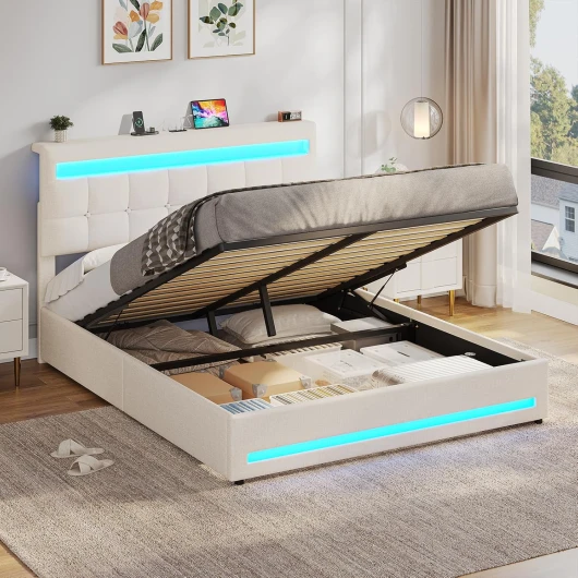 Lit Coffre 140×200cm avec LED et Ports USB, Lit Double avec Rangement, Tête de Lit réglable, Rembourré Sommier à Lattes, Hydraulique, Lin Beige(sans Matelas) 140x200cm Beige