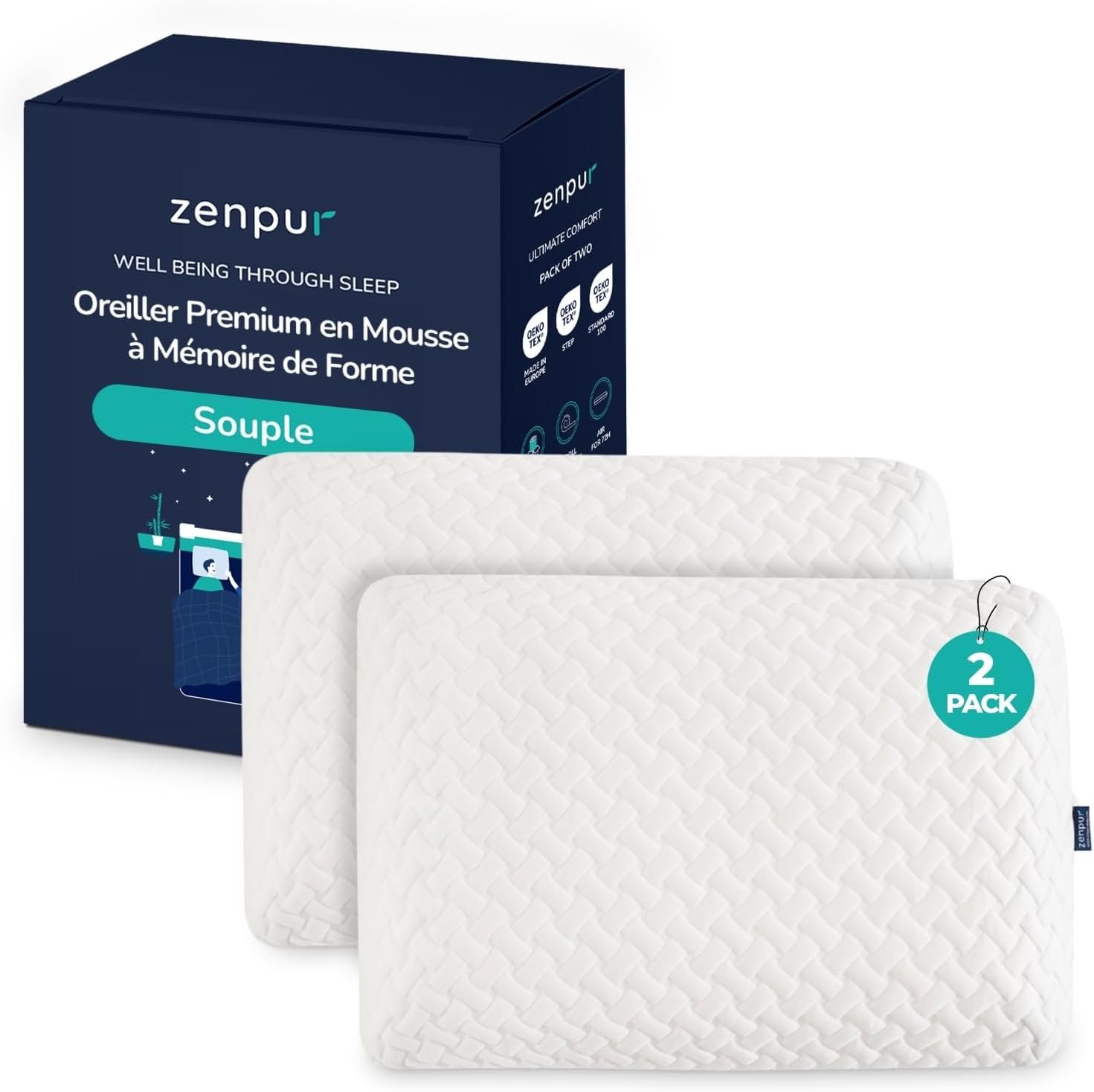 Lot de 2 Oreillers Cervicaux Souples 40x60 - Coussins Ergonomiques Mémoire de Forme - Spécial Dormeurs sur Le Ventre, Housse Bambou, Certifié Oeko-TEX Souple Lot de 2 40 x 60 x 13 cm