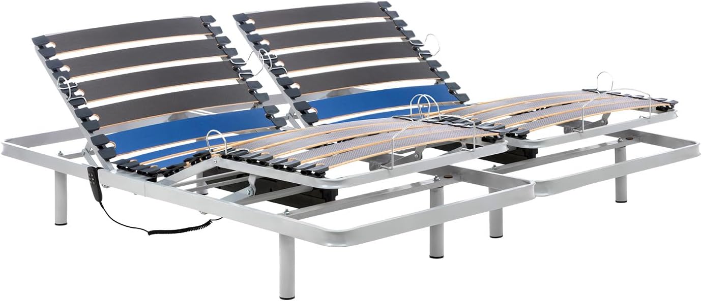 Lit Électrique 2 Personnes 160x200 cm - Sommier Renforcé à Lattes en Hêtre - Réglable avec Télécommande Filaire Télécommande Filaire 160x200 cm