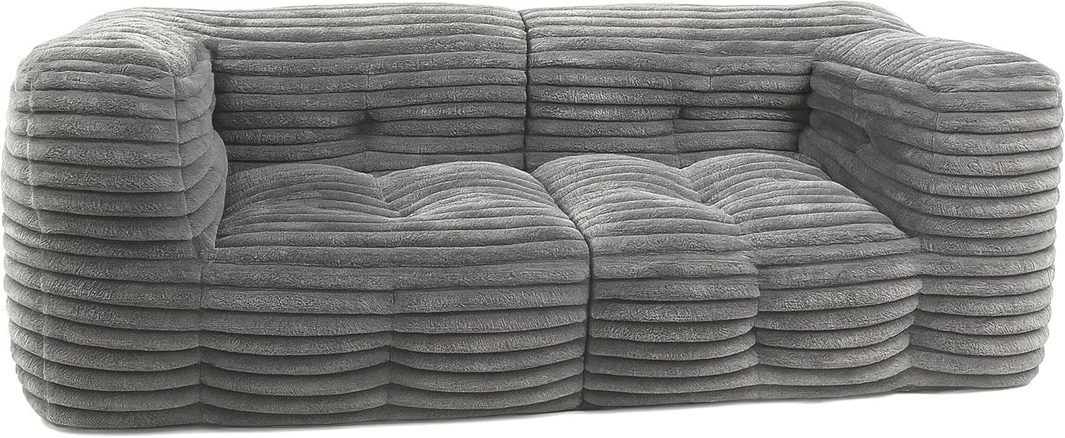 Canapé 3 Places Modulable Fourrure Côtelé Synthétique - Doux & Confortable - Rembourrage Mousse & Fibre - Canapé Pouf Innovant, 2 Parties Détachables (Gris Foncé)