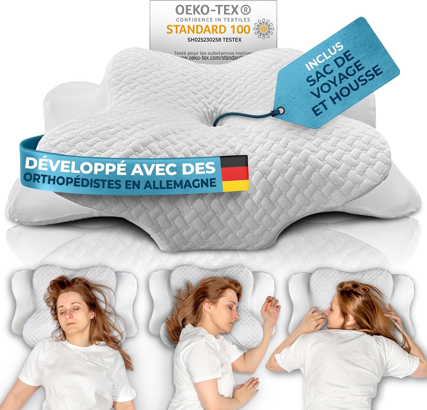 Glückstoff® Oreiller Ergonomique Cervical [pour Tous Les Types DE Sommeil] - Oreiller Ergonomique & Orthopedique - Coussin Cervicales Douloureuses pour Dormir - Ergonomic Anti Ronflement & Confort Blanc Oreiller [Version: Ergo]