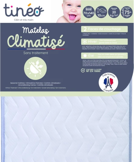 TINÉO - Matelas Climatisé 70x140x10cm - Matelas Bébé - Climatisé - 1 Face Été - 1 Face Hiver - Sans Traitement - Densité 20 kg/m3 - Fabriqué En France 70x140x10 cm Blanc