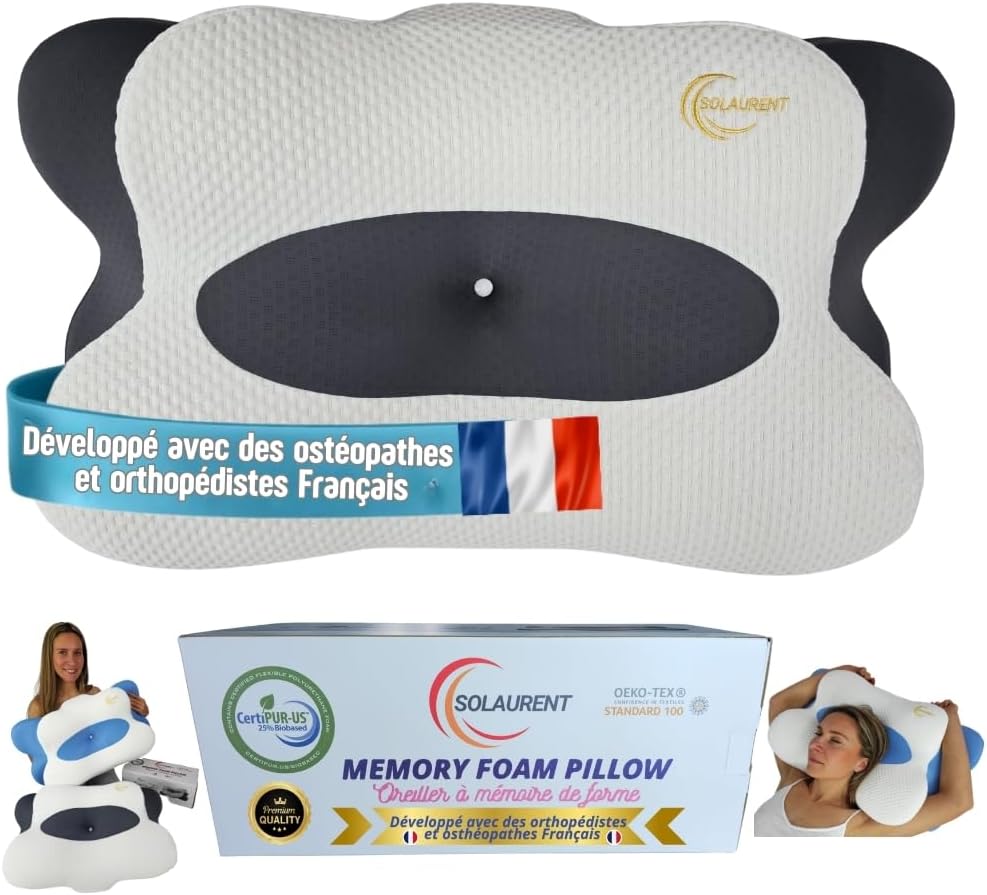 SOLAURENT Oreiller Ergonomique Cervical - Orthopédique - Cervical - Oreiller - Mémoire de Forme - Coussin Ergonomique Cervical - Oekotex - Certi-Pur - Toutes Positions Gris