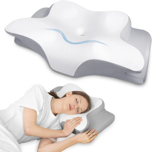 Oreiller Ergonomique Cervical, Oreiller Memoire Forme, Oreiller Cervical avec Taie d'oreiller Fraîche et Respirante sur Le Côté, Le Dos et Le Ventre 62 x 41 x 11/13 cm Gris