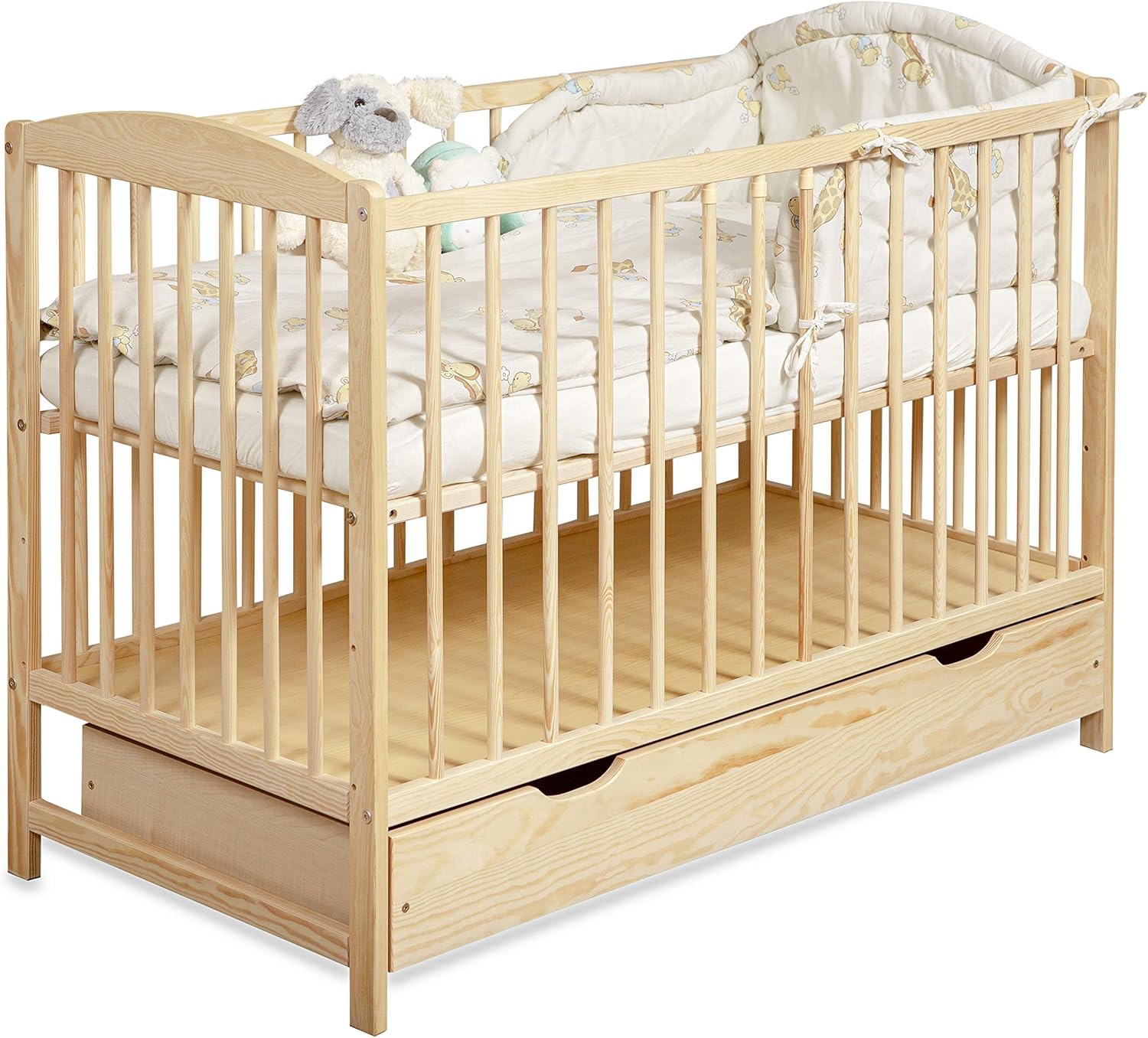 Moto-MOLTICO Lit Bébé 60x120 cm avec Tiroir – Lit en Bois Réglable en Hauteur, Transformable en Lit Enfant avec Barrières de Protection – Lit Bébé Fille et Garçon S-120
