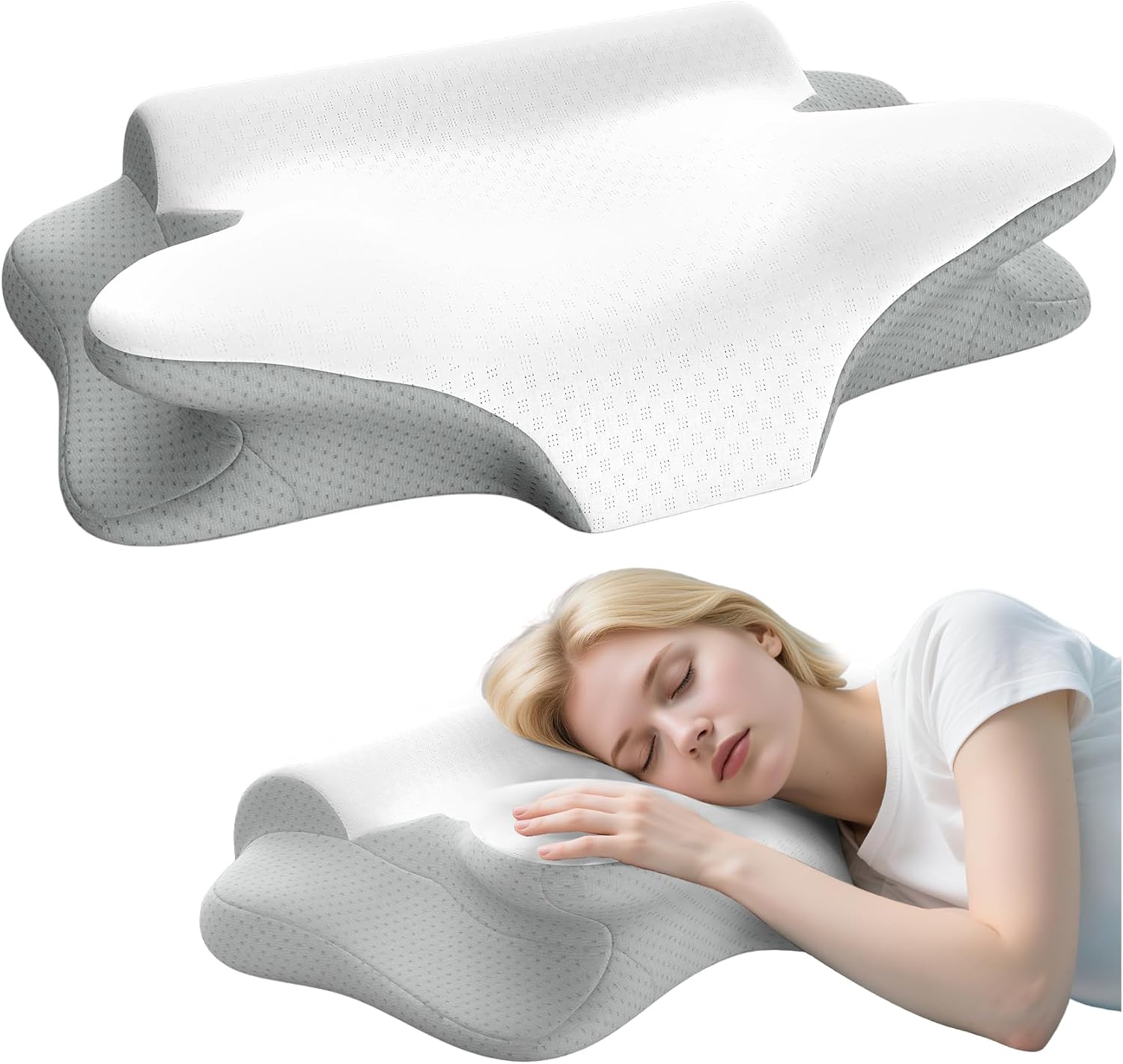 AOTOZE Oreiller Ergonomique Cervical, 2 en 1 Oreiller Papillon à Mémoire de Forme, Coussin pour Les Dormeurs sur Le Côté, Le Dos et Le Ventre pour, 60x38x10/12cm