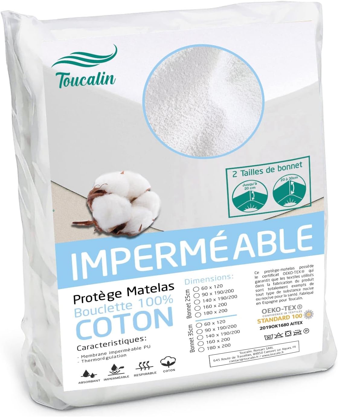 Protège Matelas Imperméable Bouclette 100% Coton Qualité Supérieure Oeko-TEX® Bonnet 35/27cm Alese Toucalin Drap-Housse hypoallergénique Respirant Isolateur de lit antiacarien 90x190/200 bonnet 27 90x200