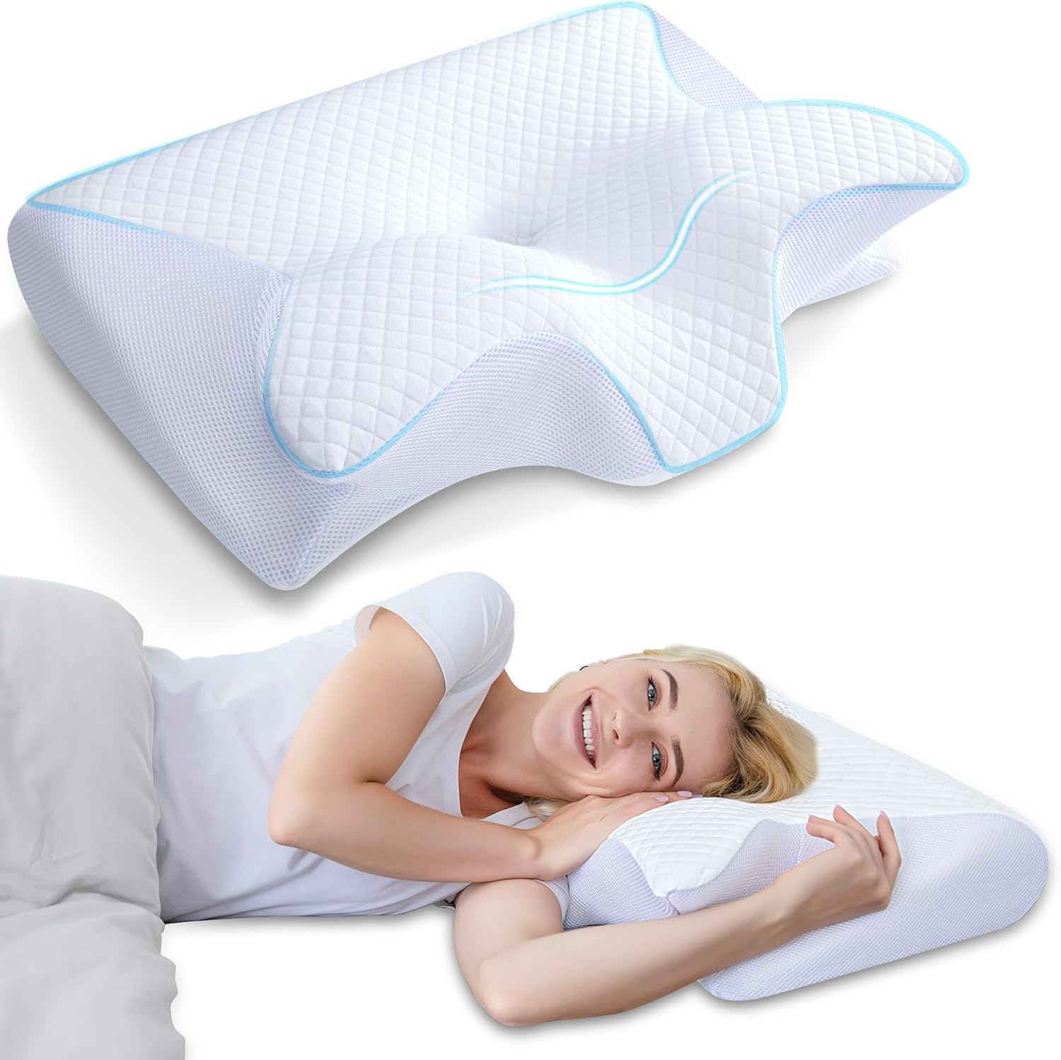 Oreiller Ergonomique Cervical, 2 en 1 Oreiller Orthopédique à Mémoire de Forme pour la Nuque, Oreiller pour Dormir sur Le Côté et sur Le Dos, 60 x 40 x 12/14cm Blanc