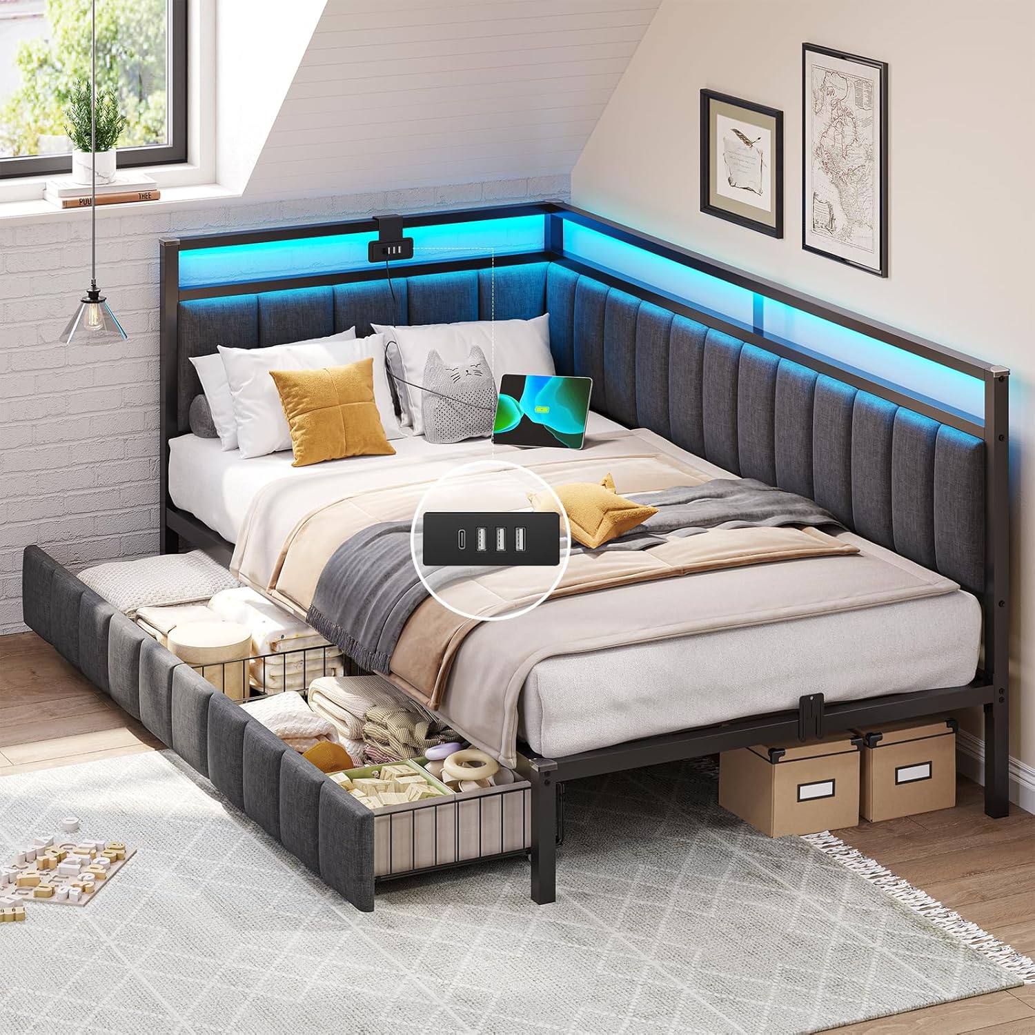Canapé lit 90 x 190 avec éclairage LED et Prise USB,Cadre de Lits 90x190 avec Sommier à Lattes en métal,Lit Banquette Lits Coffre Lit Enfant avec 2 tiroir de Rangement,Gris Foncé-sans Matela Gris Foncé 90x190cm