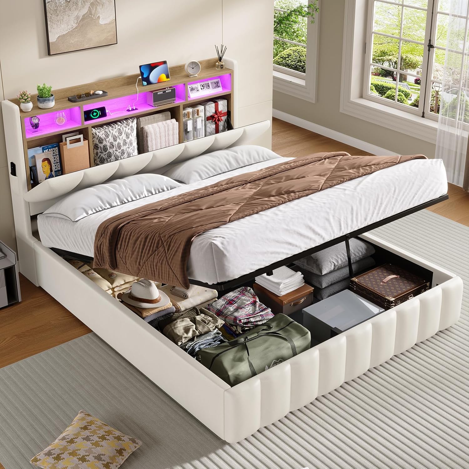 Lit Coffre 140 x 190 à LED, lit Hydraulique avec Étagères Ouvertes et Rangement Caché en Tête de Lit Capitonné, Lit 2 Personnes avec Lattes en Bois, Lits 140 x 190 avec Sommier en PU Blanc 140 X 190 Blanc