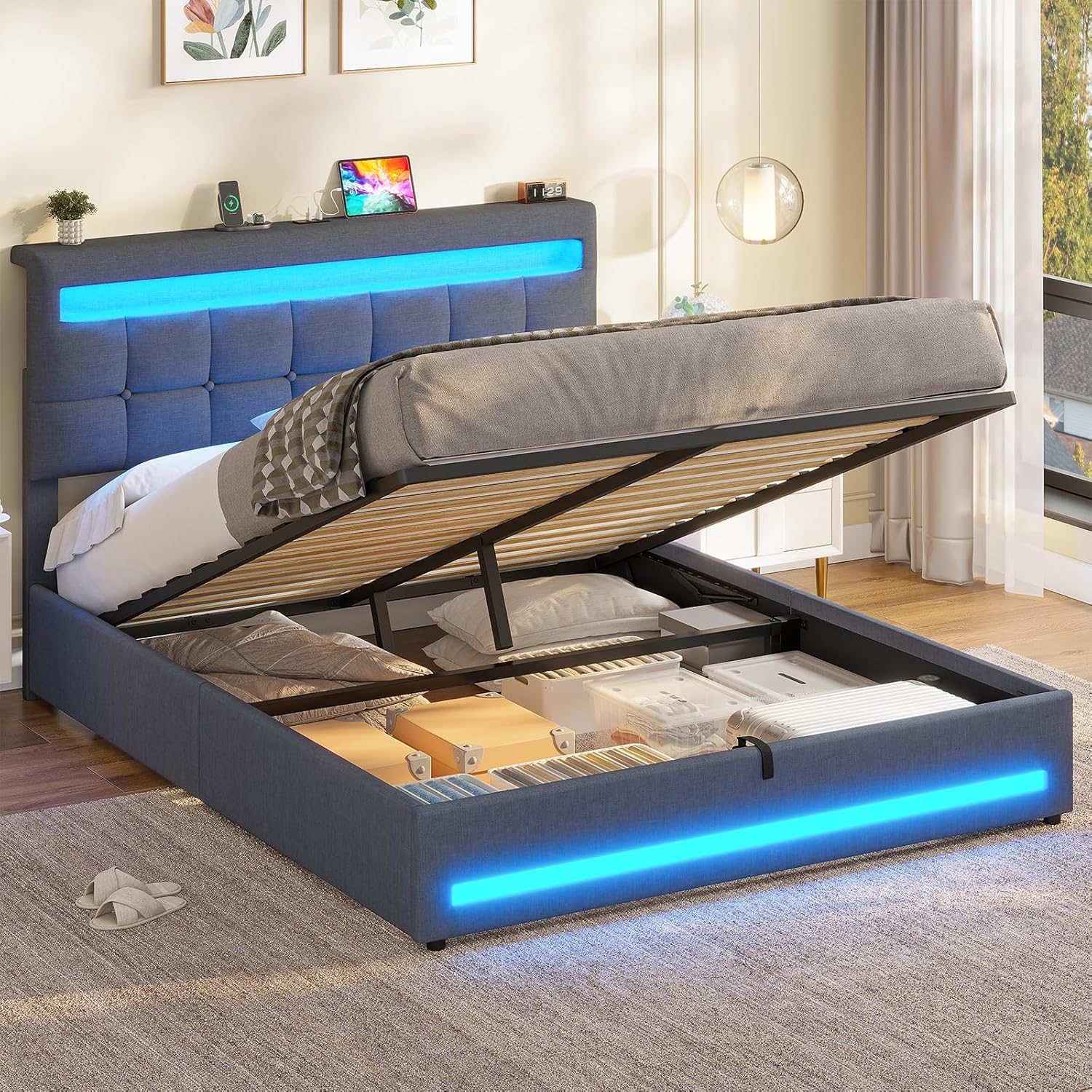 Lit Coffre 140×200 cm avec LED et Ports USB, Lit Double Rembourré avec Rangement hydraulique, tête de lit réglable en Hauteur, Sommier à Lattes, Facile à Assembler, Gris Foncé（sans Matela） 140x200cm Gris Foncé