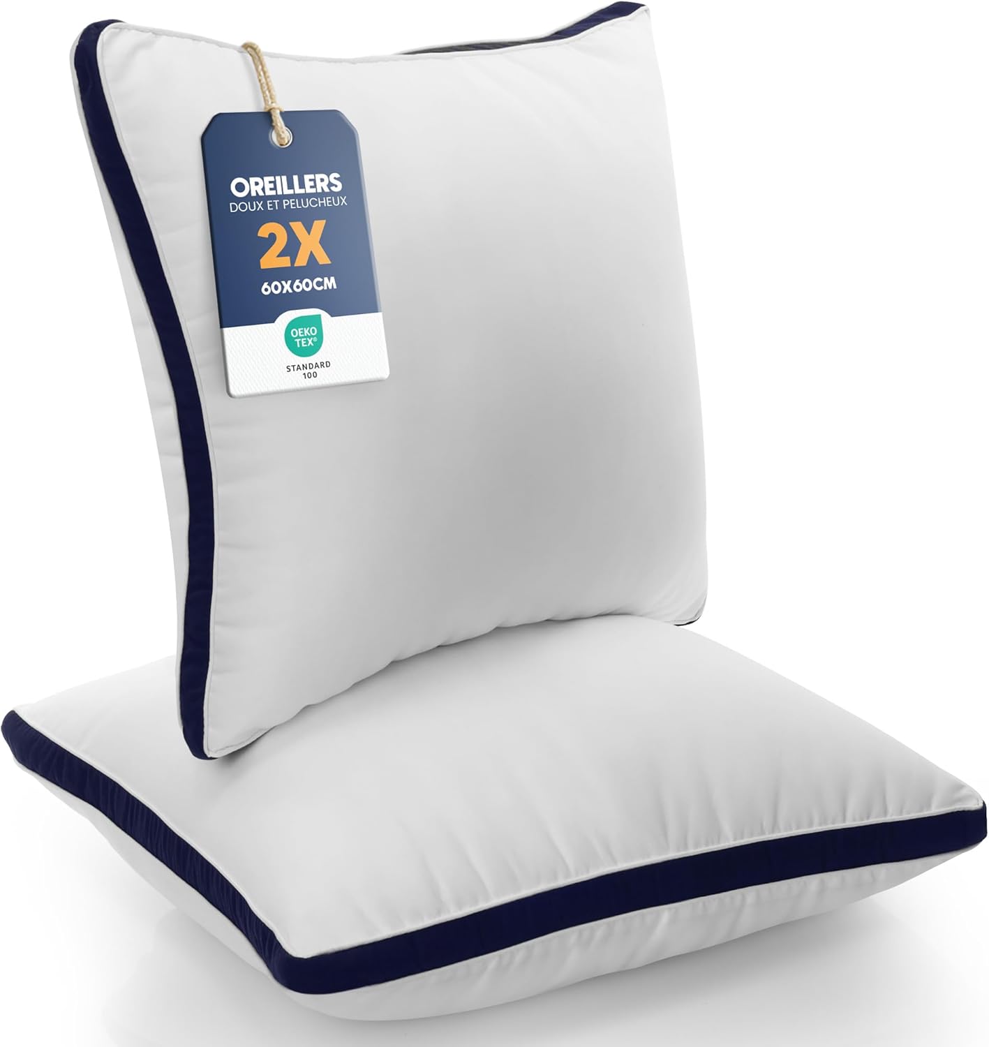 Oreillers 60 x 60 cm (2 Pièces), Rembourrage en Fibres Creuses Vierges 3D, Oreiller Doux et Facile à Entretenir (Bleu Marine) 60x60 cm (Lot de 2) Bleu Marine