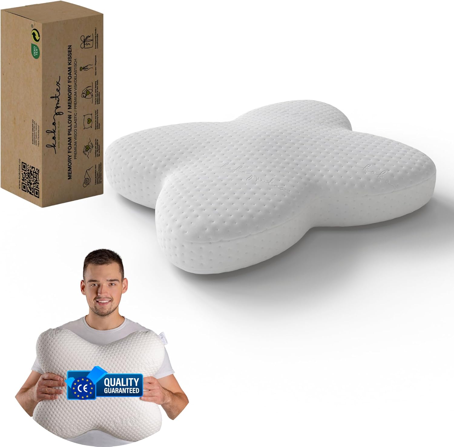 KoKoTex - Oreiller Orthopédique Ergonomique en Mousse à Mémoire de Forme, Soutien Cervical et Nuque, Forme Papillon, Anti-Douleur, Confort Optimal pour Un Sommeil Réparateur, 54x45x13 cm