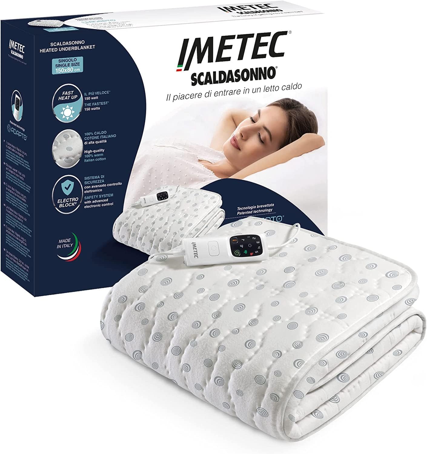 Surmatelas Chauffant 1 Place Adapto, 150x80cm - 6 Températures, Tissu 100% Coton, Chauffage Rapide, Température Constante, Personnalisée - Chauffe-Lit Electrique Double Commande, Simple Blanc 150x80 cm