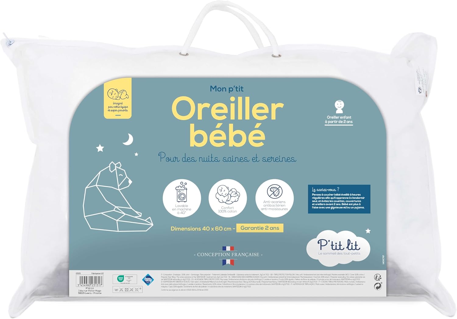 P'TIT LIT - Oreiller Bébé - Coussin Enfant 40x60 cm - Enveloppe 100% Coton - Anti Acariens - Hypoallergénique - Oeko Tex®- Conception Française