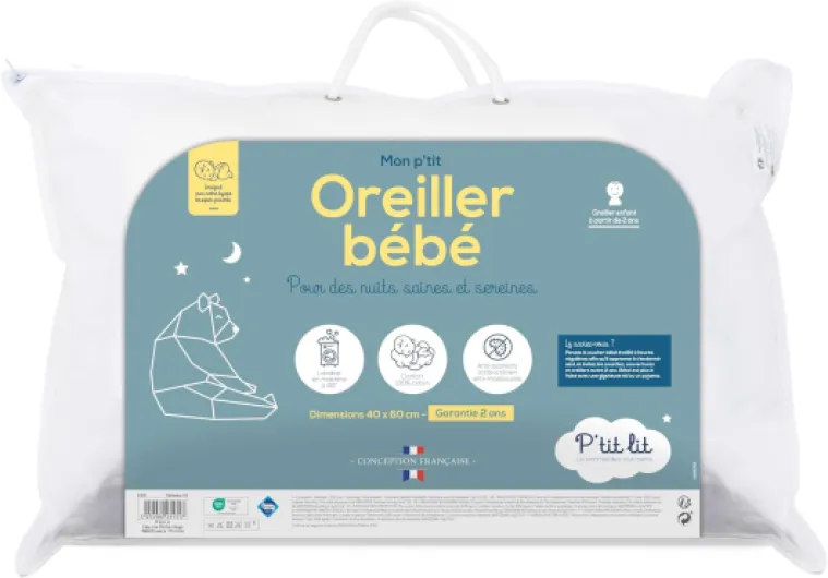 P'TIT LIT - Oreiller Bébé - Coussin Enfant 40x60 cm - Enveloppe 100% Coton - Anti Acariens - Hypoallergénique - Oeko Tex®- Conception Française