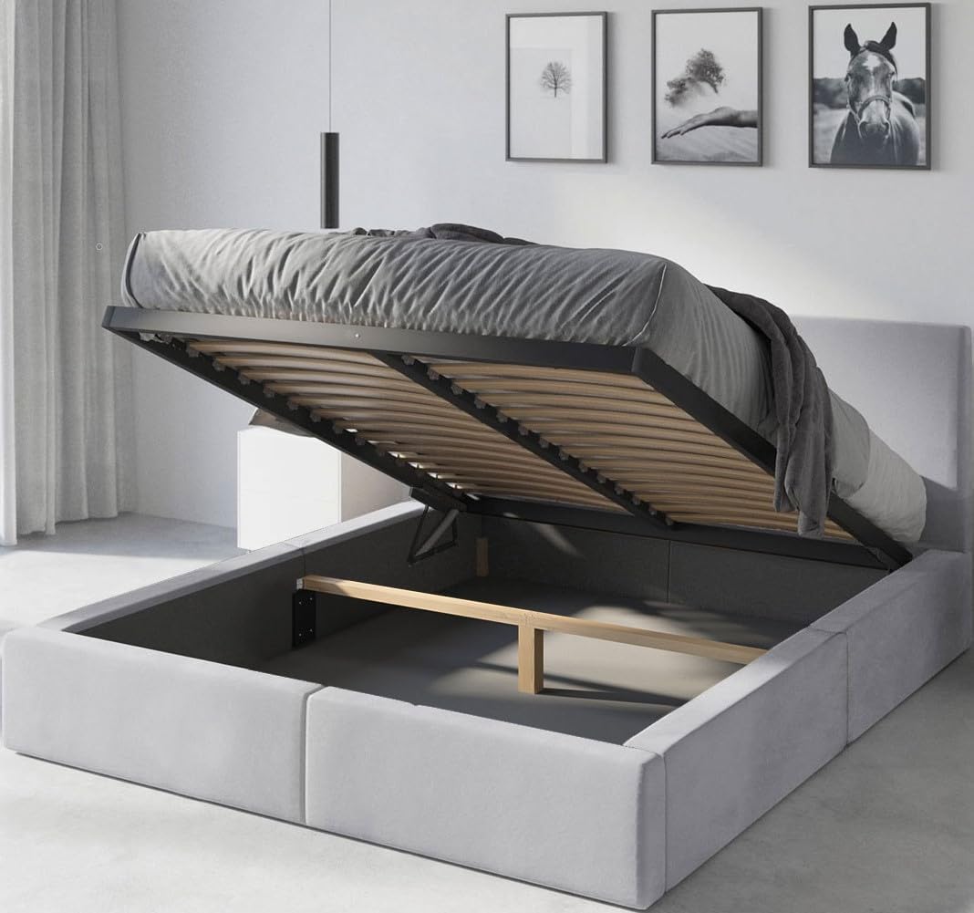 Lit rembourré Double avec Coffre sommier Cadre de lit tapissé (Gris, 160x200) Gris 160x200