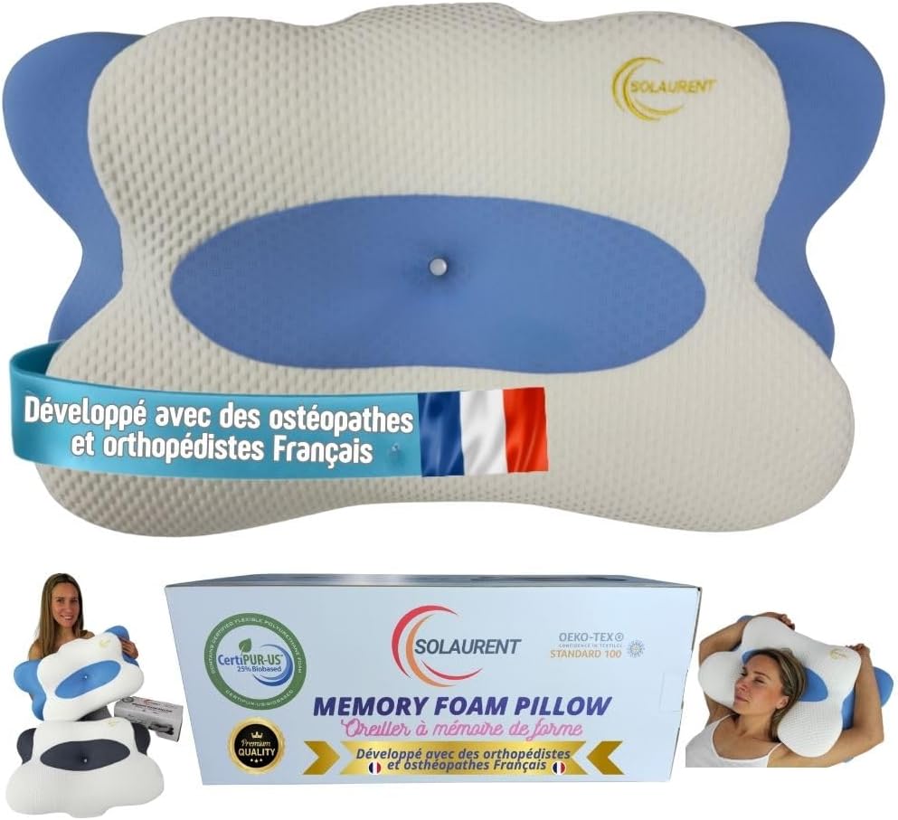 Oreiller Ergonomique Cervical - Orthopédique - Cervical - Oreiller - Mémoire de Forme - Coussin Ergonomique Cervical - Oekotex - Certi-Pur - Toutes Positions Bleu