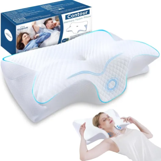 Teemour Oreiller Ergonomique Cervical à Mémoire de Forme, Design 2 en 1 Oreiller, Coussin Cervicales Support Adapté pour Dormeurs sur Le Côté, Le Dos et Le Ventre, Taille 60 x 37 x 9/13cm, Blanc