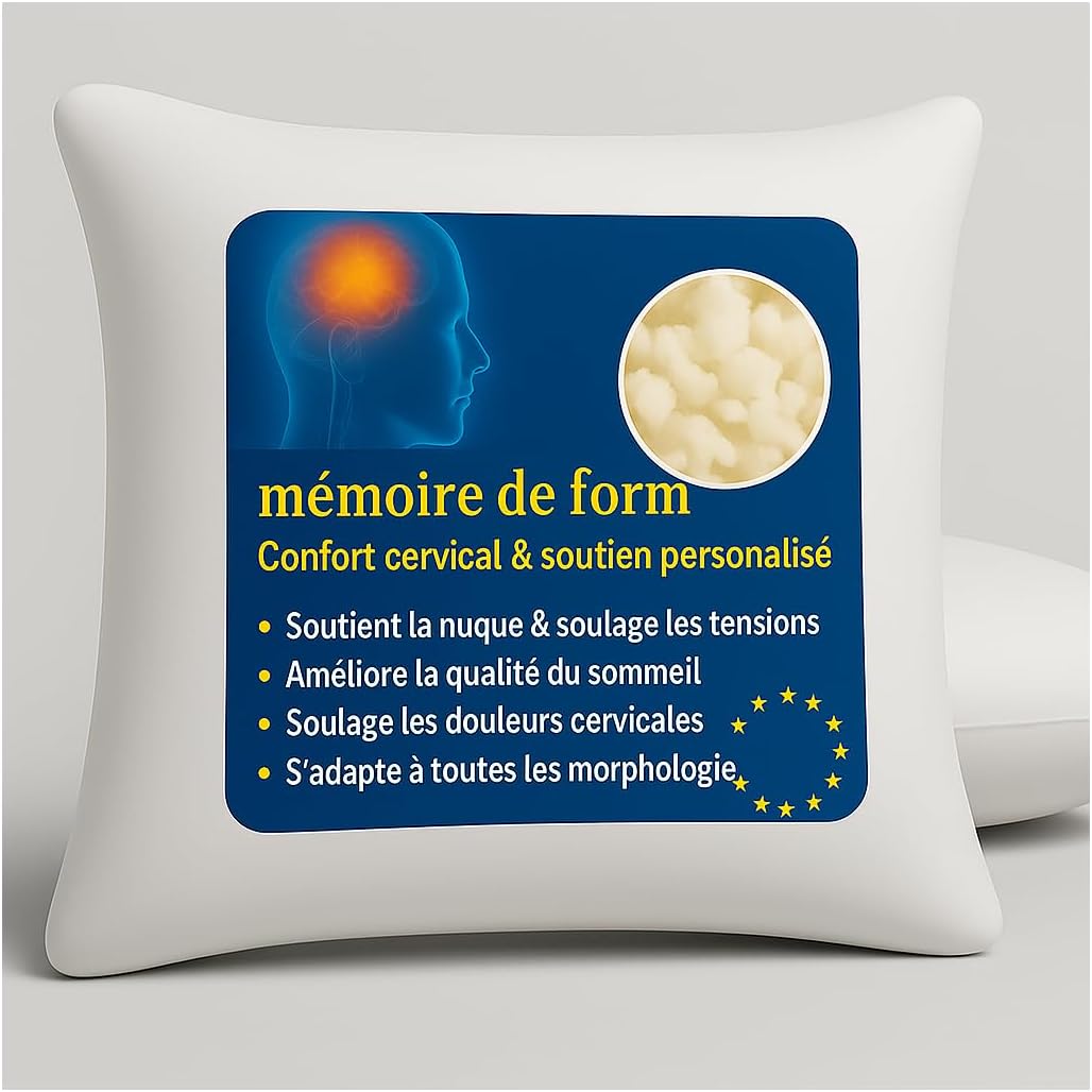 Lot de 2 OREILLERS 60x60 MÉMOIRE de Forme – SPÉCIAL CERVICALES –