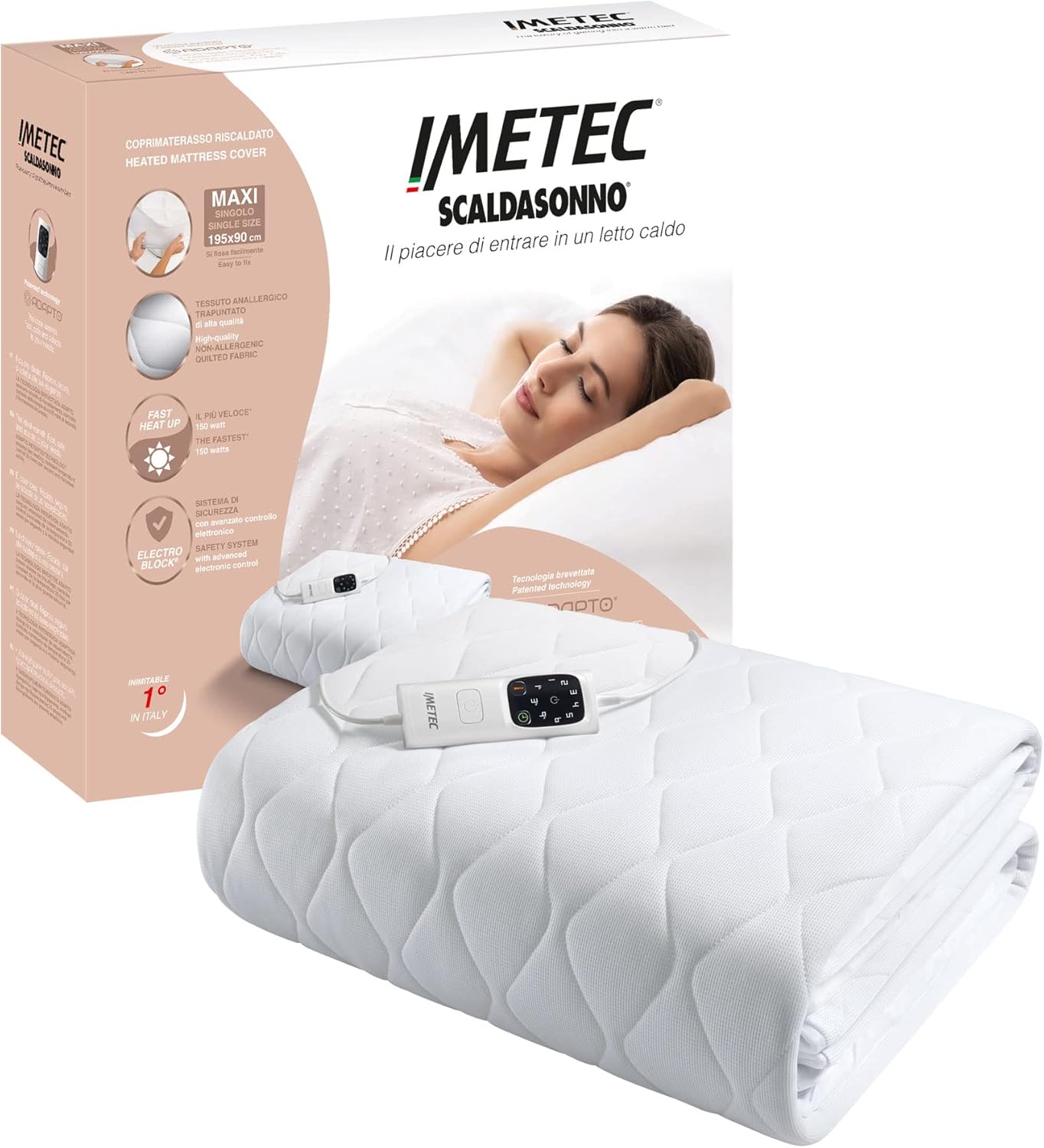 Surmatelas Chauffant 1 Place Adapto Maxi 195x90 cm - 6 Températures, Tissu Matelassé Hypoallergénique, Chauffage Rapide, Température Constante, Personnalisée - Chauffe-Lit Electrique Simple