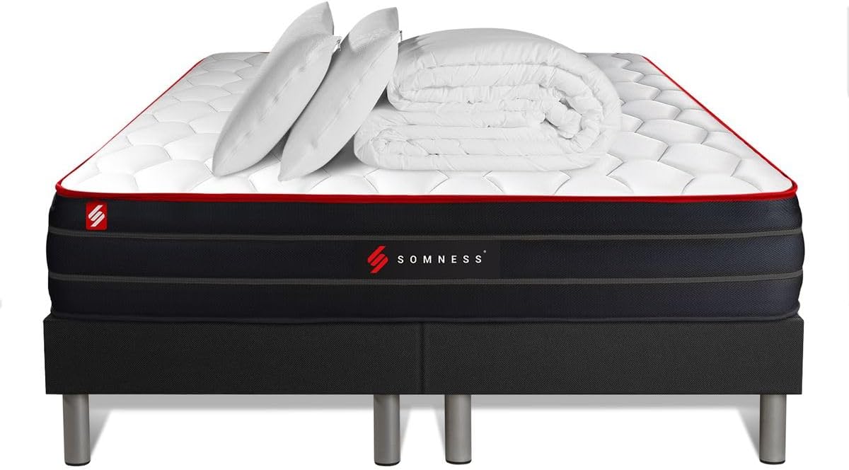 Pack Matelas Boost + Double sommiers Noir + Couette + 2 oreillers - Epaisseur : 26 cm - Confort : Equilibré 180 x 200 cm