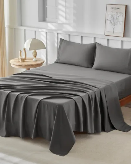 Parure de lit 180x200 - Draps de Lit 2 Personnes - Ensemble de Draps 4 Pièces - 1 Drap Housse 180x200, 1 Drap Plat 240x260 et 2 Taie d'oreiller 65x65, Gris Gris 180x200 cm - 2 Taies d'oreiller 65x65 cm
