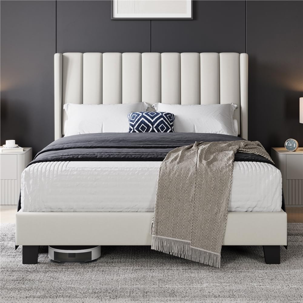 Lit Double Rembourré 140x200 cm avec Sommier à Lattes, Cadre de Lits Moderne pour Adultes 2 Personnes, Tête de Lit à Rayures en Bois et Métal, Beige 140x200cm Beige