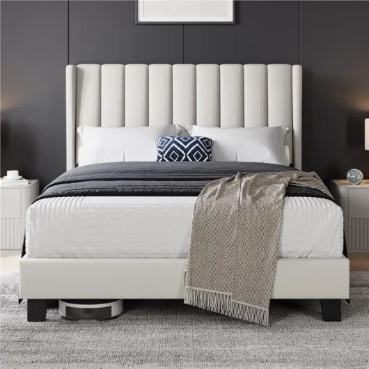 Lit Double Rembourré 140x200 cm avec Sommier à Lattes, Cadre de Lits Moderne pour Adultes 2 Personnes, Tête de Lit à Rayures en Bois et Métal, Beige 140x200cm Beige