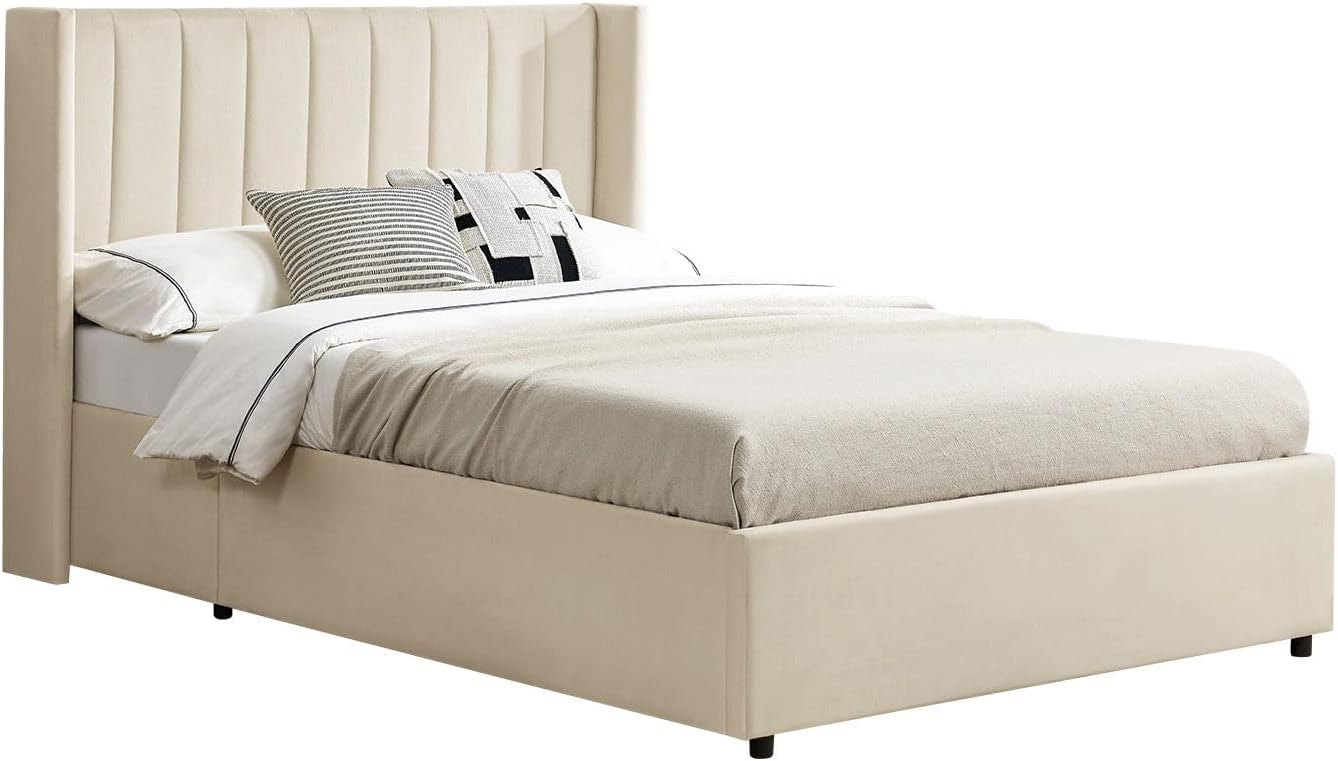 Lit rembourré Savona 140x200 cm avec Coffre, sommier à Lattes, Housse en Velours, Cadre de lit en Bois, jusqu'à 250 kg, Grande tête de lit, Beige 140 x 200 cm Beige