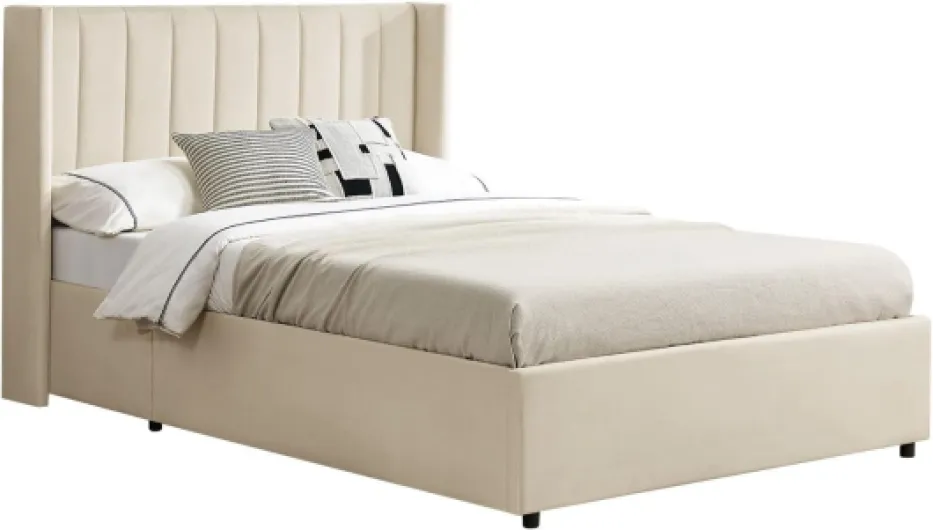 Lit rembourré Savona 140x200 cm avec Coffre, sommier à Lattes, Housse en Velours, Cadre de lit en Bois, jusqu'à 250 kg, Grande tête de lit, Beige 140 x 200 cm Beige