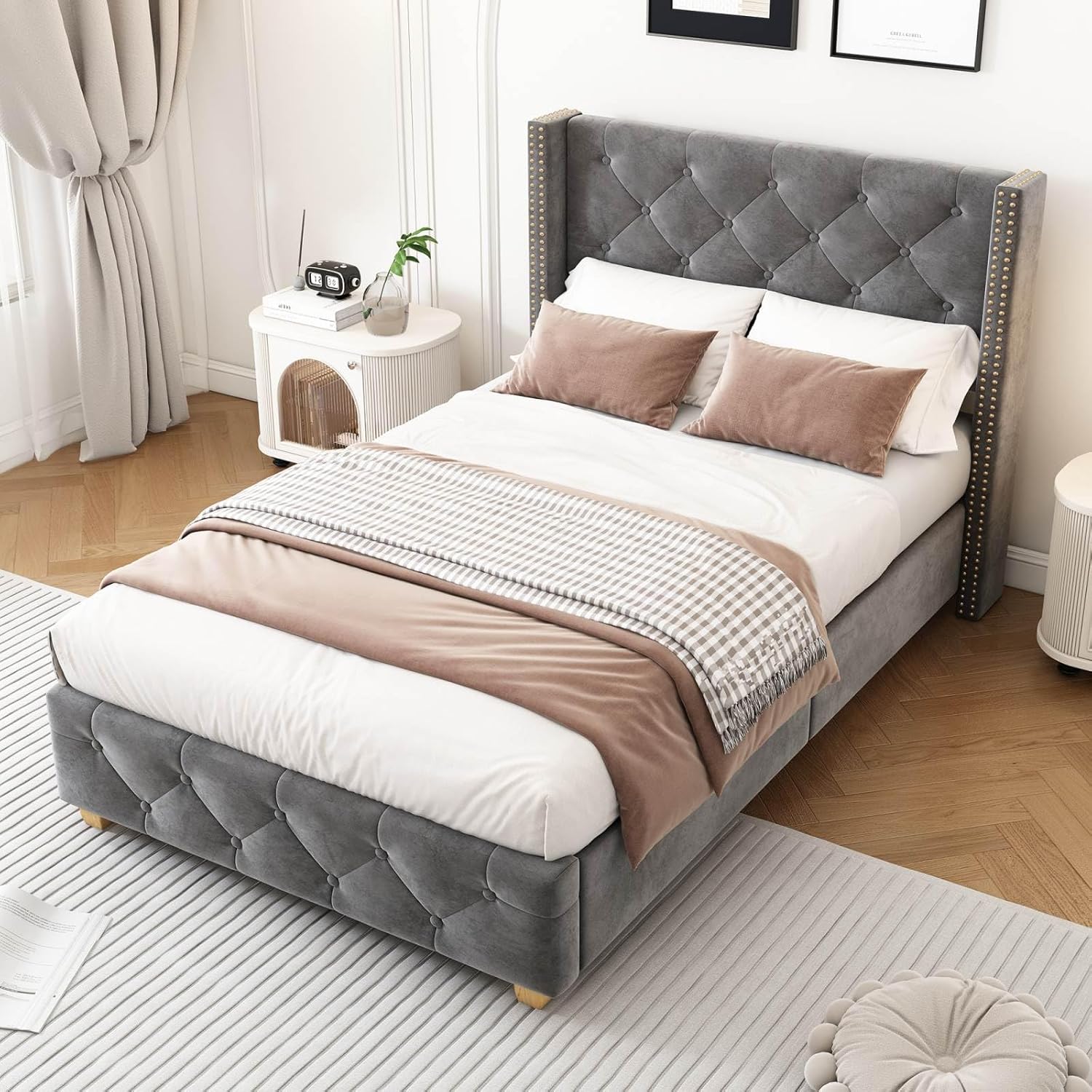 Lit 90x200 avec Sommier à Lattes,Lit 1 Place avec Tête Capitonné,Tissu de Velours,Design Rivets,Pieds en Bois,pour Enfant Adolescent Adulte,sans Matelas,Gris 90x200cm Gris