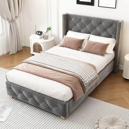 Lit 90x200 avec Sommier à Lattes,Lit 1 Place avec Tête Capitonné,Tissu de Velours,Design Rivets,Pieds en Bois,pour Enfant Adolescent Adulte,sans Matelas,Gris 90x200cm Gris