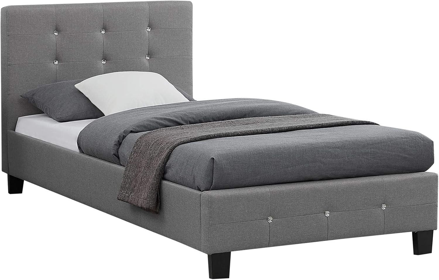 Lit Simple pour Adulte ou Enfant TICO Couchage 90 x 190 cm avec sommier 1 Place / 1 Personne, tête et Pied de lit capitonnés avec Strass, revêtement en Tissu Gris